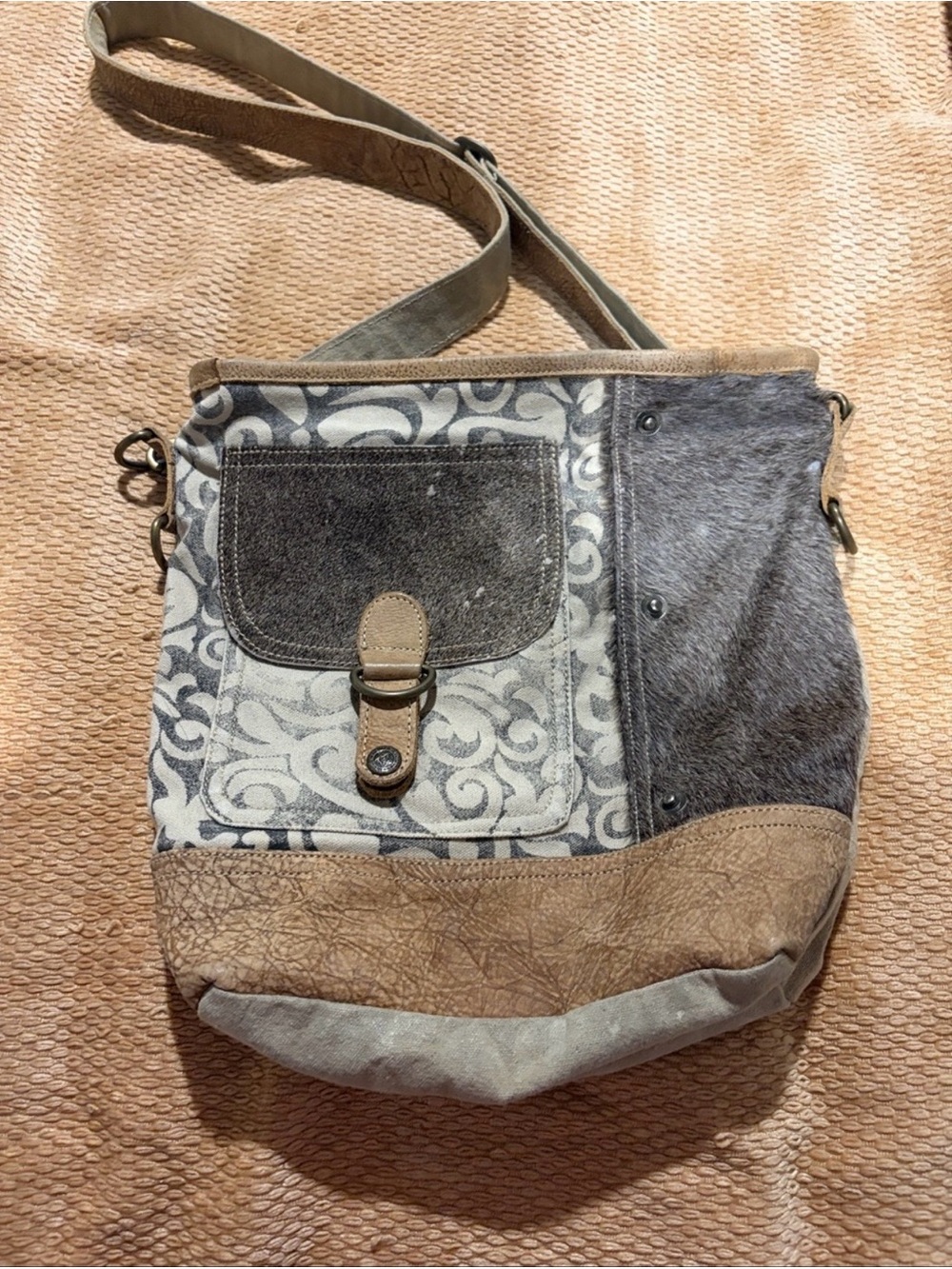 Myra Stylish Neutral Patchwork Crossbody Bag - Beige Gray